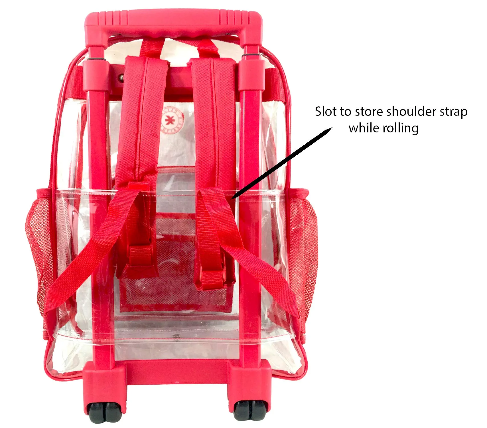 Rolling Clear Backpack Heavy Duty Bookbag Quality See Through Workbag Travel Daypack Transparent School Book Bags with Wheels Red