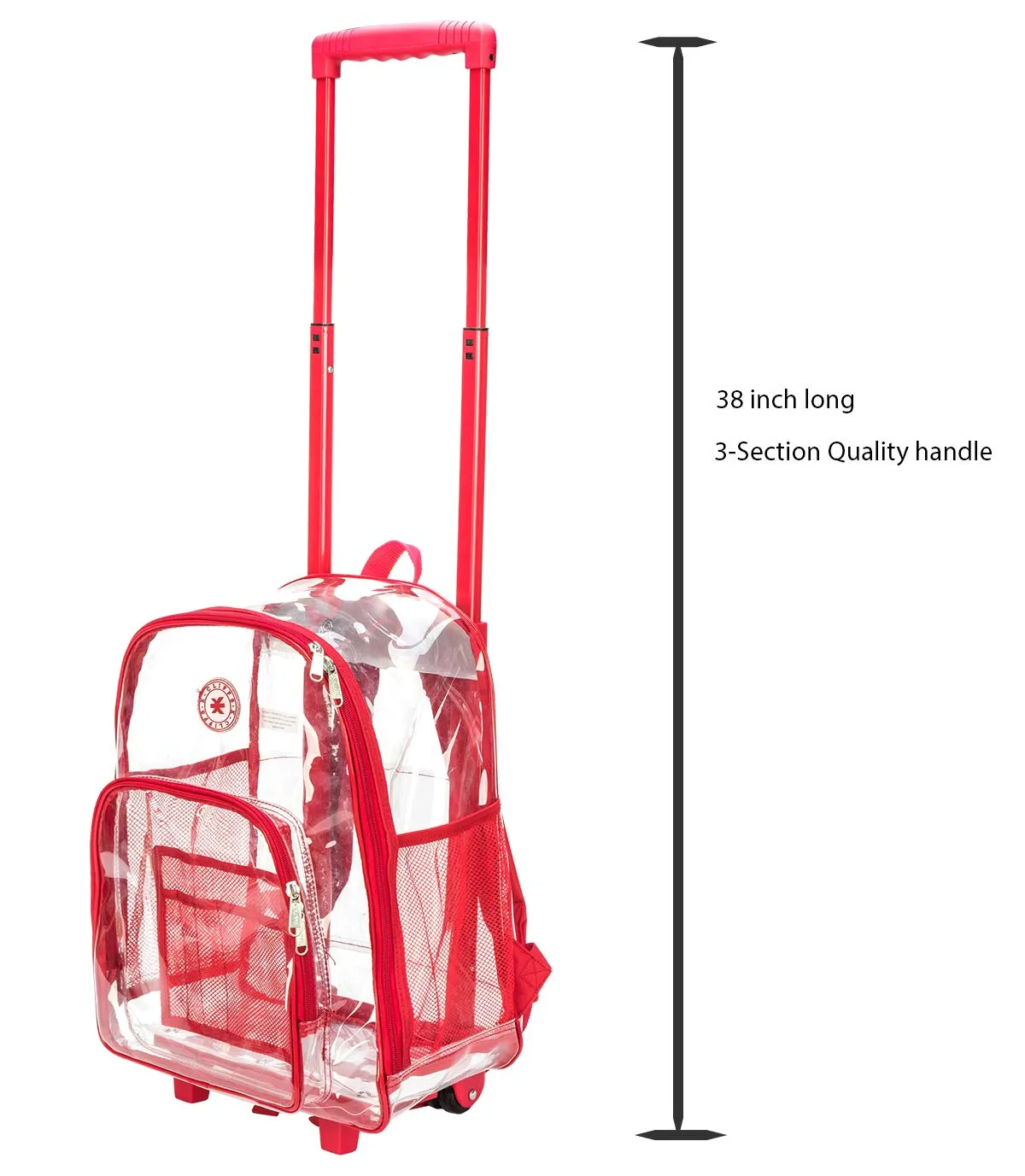 Rolling Clear Backpack Heavy Duty Bookbag Quality See Through Workbag Travel Daypack Transparent School Book Bags with Wheels Red
