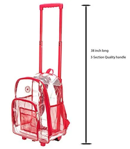 Rolling Clear Backpack Heavy Duty Bookbag See-thru Workbag Travel Daypack Transparent School Luggage with Wheels Red