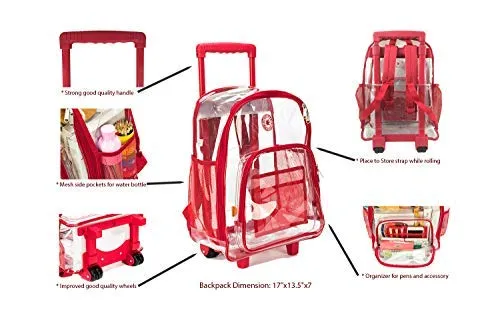 Rolling Clear Backpack Heavy Duty Bookbag See-thru Workbag Travel Daypack Transparent School Luggage with Wheels Red