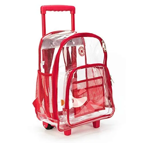 Rolling Clear Backpack Heavy Duty Bookbag See-thru Workbag Travel Daypack Transparent School Luggage with Wheels Red