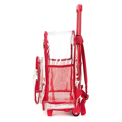 Rolling Clear Backpack Heavy Duty Bookbag See-thru Workbag Travel Daypack Transparent School Luggage with Wheels Red