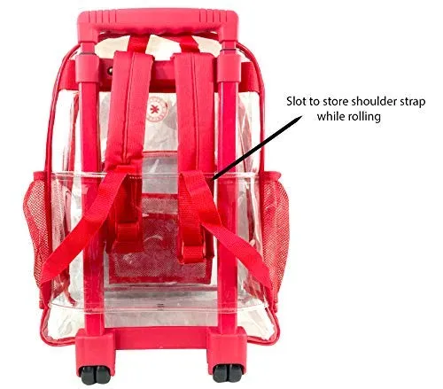 Rolling Clear Backpack Heavy Duty Bookbag See-thru Workbag Travel Daypack Transparent School Luggage with Wheels Red