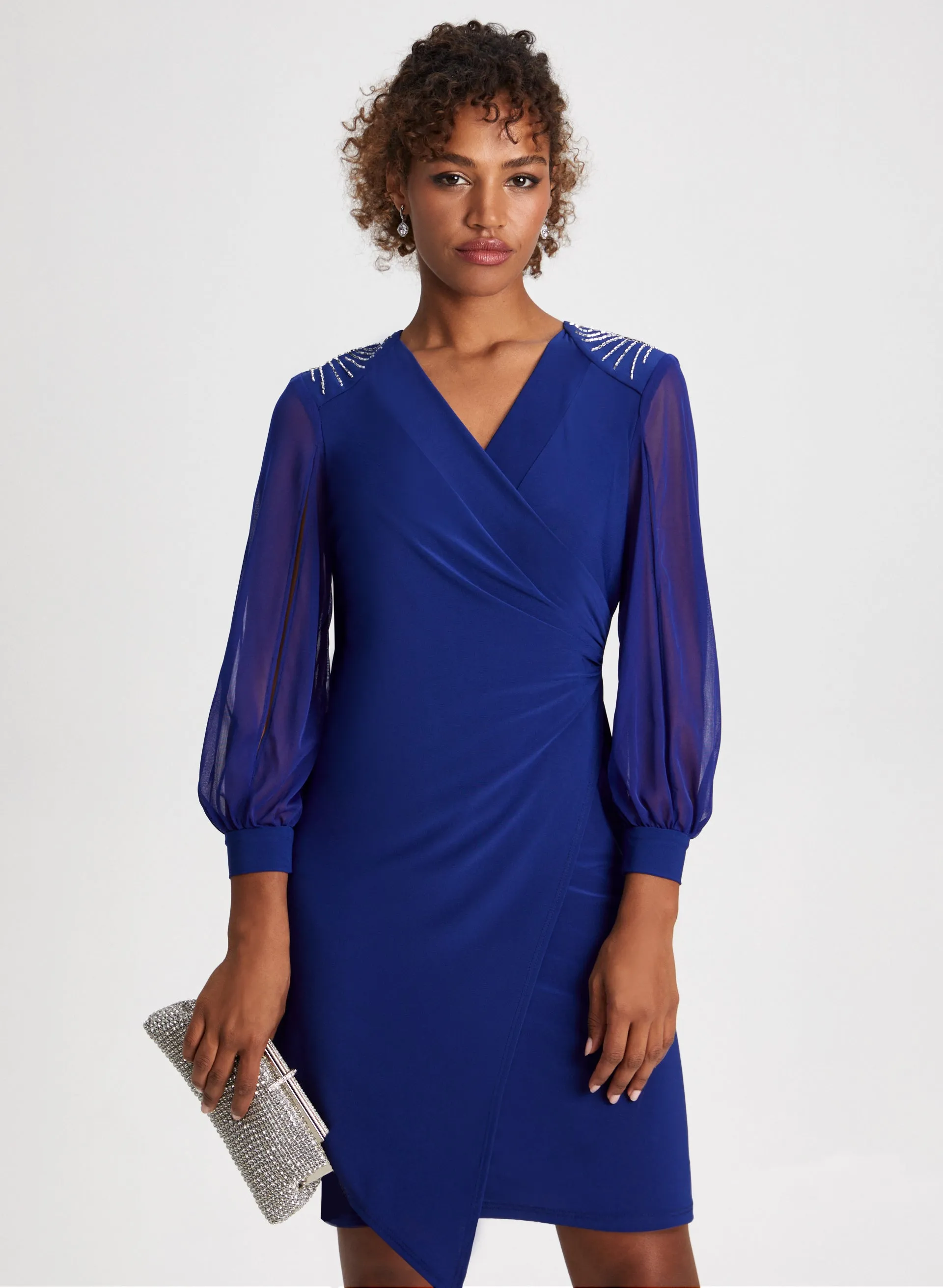 Shoulder Embellished Wrap Style Dress
