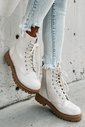 Slick Moves Patent Leather Combat Booties (Bone)