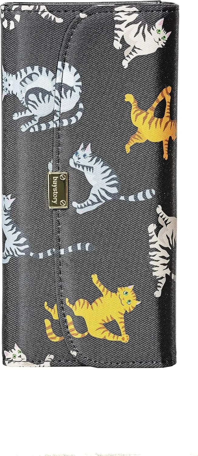 Slim Wallet Women RFID Blocking Clutch Long Trifold Wallet for Women, Credit Card Holder with Coin Purse and Zipper Wallet, Ladies Travel Purse, Cute Cat Design, Black