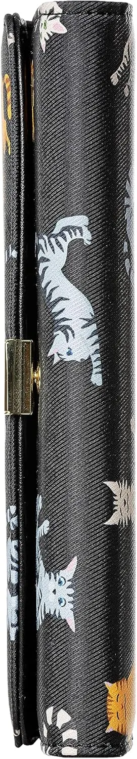 Slim Wallet Women RFID Blocking Clutch Long Trifold Wallet for Women, Credit Card Holder with Coin Purse and Zipper Wallet, Ladies Travel Purse, Cute Cat Design, Black