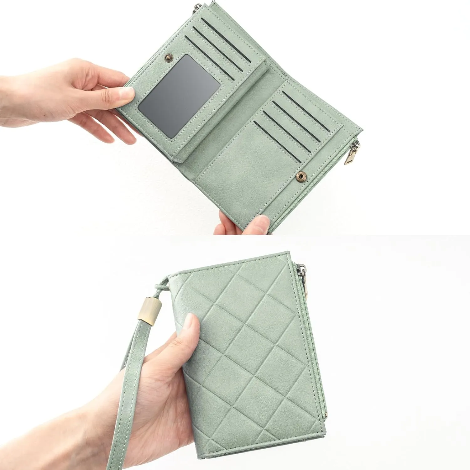Small Wallet for Women RFID Blocking Leather Trifold Compact Ladies Wristlet Card Wallets with Dual Zipper Coin Pocket ID Window