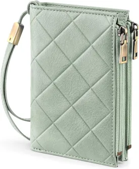 Small Wallet for Women RFID Blocking Leather Trifold Compact Ladies Wristlet Card Wallets with Dual Zipper Coin Pocket ID Window