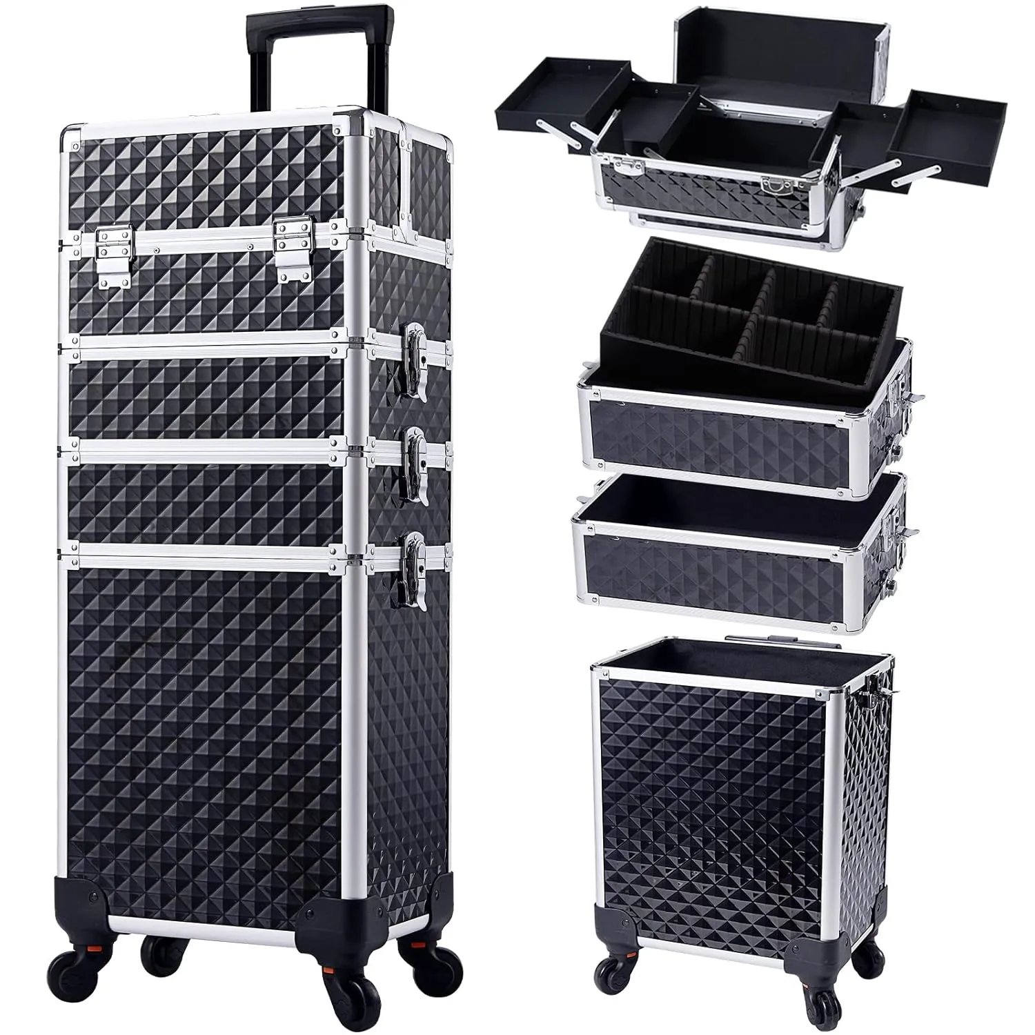Stagiant Rolling Makeup Case Cosmetology Case on Wheels 4 in 1 Large Cosmetic Organizer Train Case Makeup Travel Case with Key Swivel Wheels Nail Artist Salon Storage Traveling Cart Trunk Black