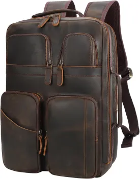 TIDING Full Grain Leather 15.6" Laptop Backpack for Men Multi Pockets Casual Daypack Business Travel Rucksack