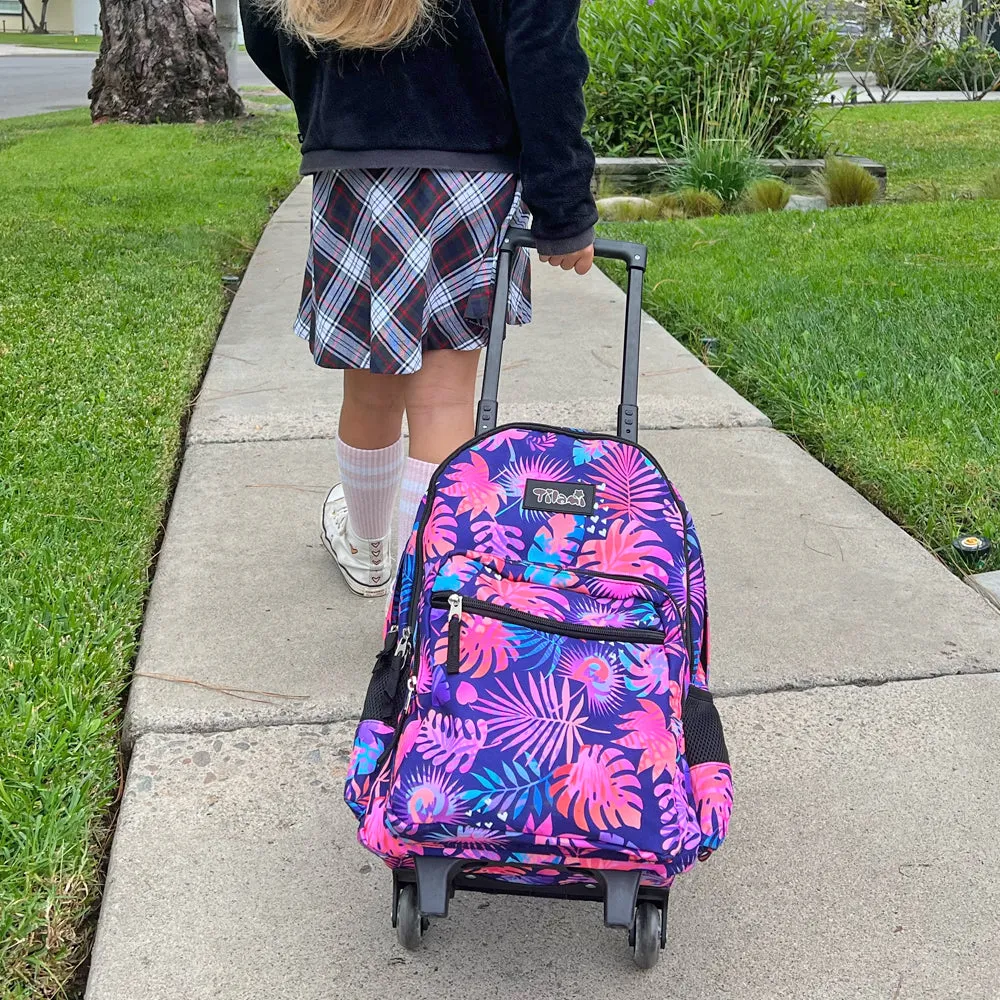 Tilami Rolling Backpack 18 inch Leaves Pink Double Handle with Lunch Bag