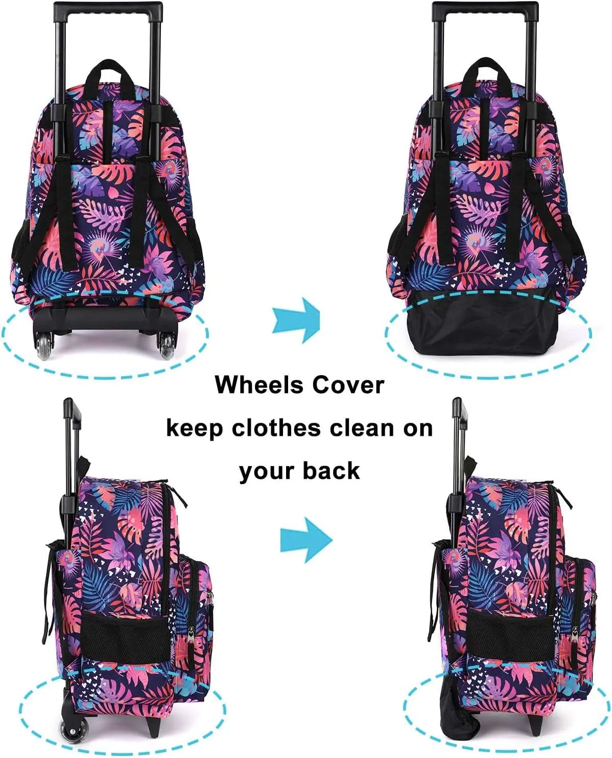 Tilami Rolling Backpack 18 inch Leaves Pink Double Handle with Lunch Bag