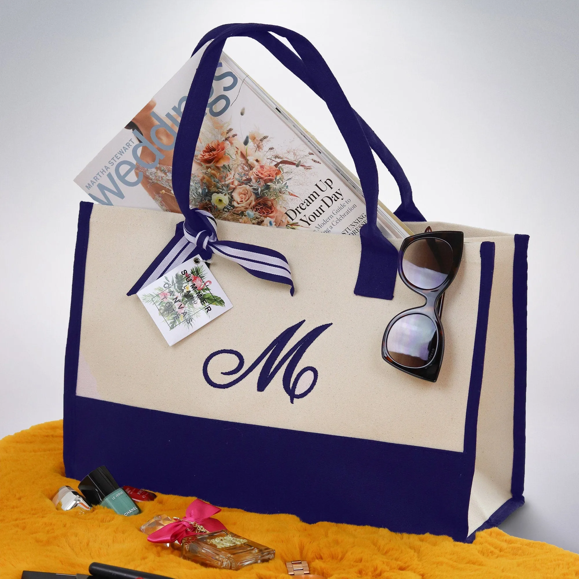 Tote bag aesthetic Embroidery Initial Monogram Large Tote Bag , 100% Cotton Canvas, Bridesmaid Bachelorette Gift Navy