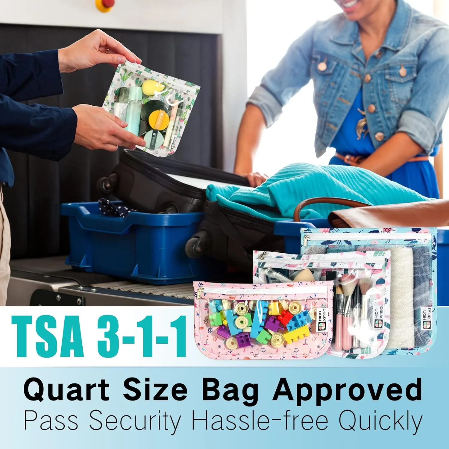 TSA Approved Toiletry Bag, Set of 3 Clear Travel Toiletry Bag Quart Size Zipper Travel Pouch, Waterproof Makeup Cosmetic Bag for Women Men Kids Toiletries Carry on, Cacti B
