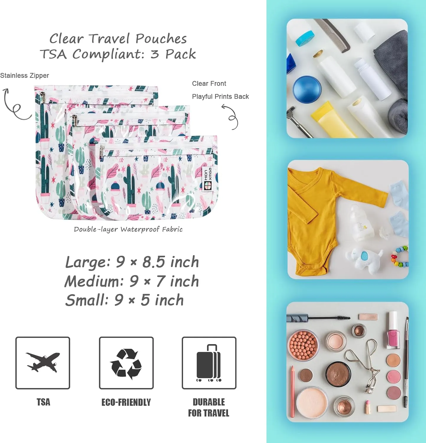 TSA Approved Toiletry Bag, Set of 3 Clear Travel Toiletry Bag Quart Size Zipper Travel Pouch, Waterproof Makeup Cosmetic Bag for Women Men Kids Toiletries Carry on, Cacti B