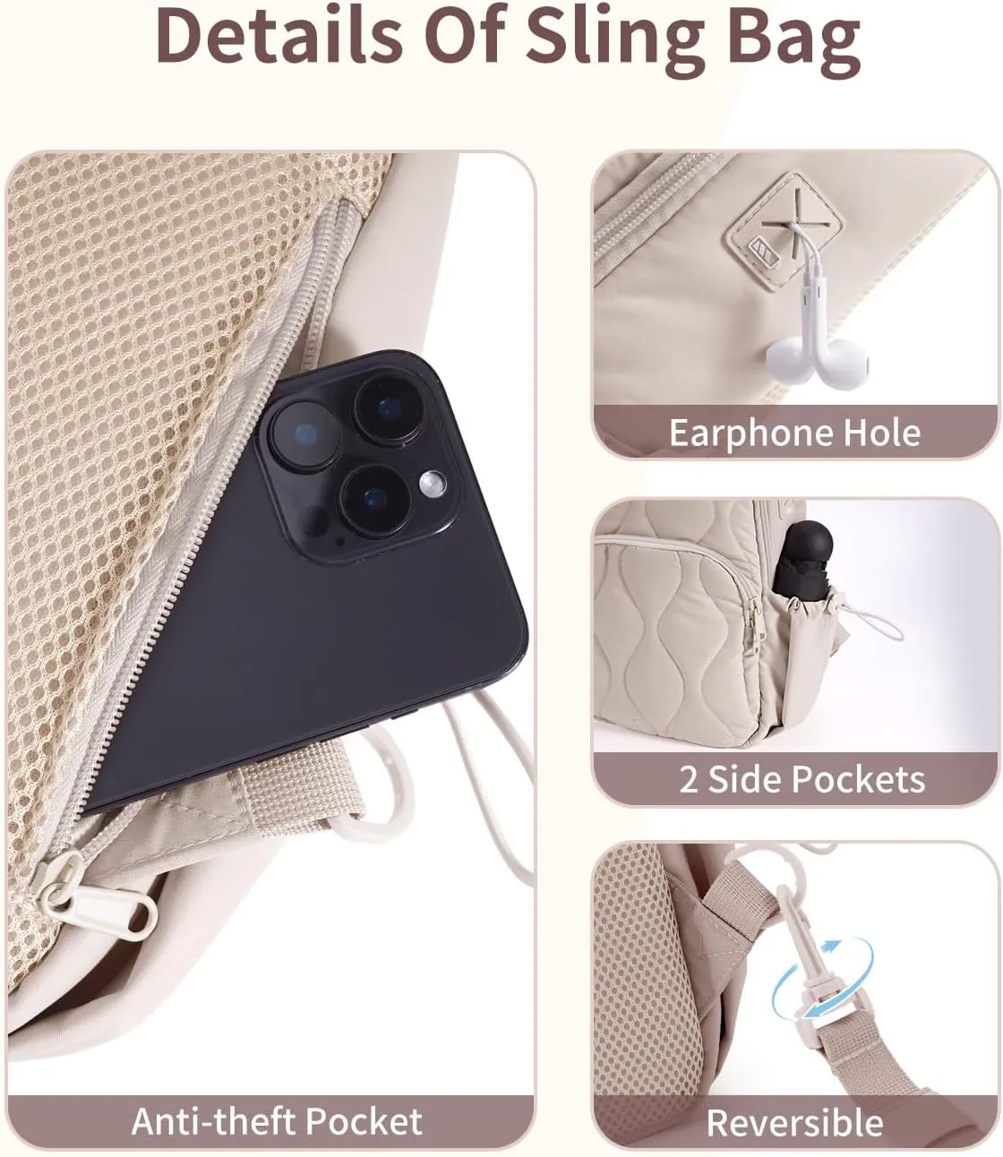 Wandering Nature Sling Bag for Women Lightweight Quilted Crossbody Bag Fits for 11" Tablet with Breathable Back Panel Anti Theft Pocket Padded Strap USB Charge Port, Ideal for Travel, Daily Use
