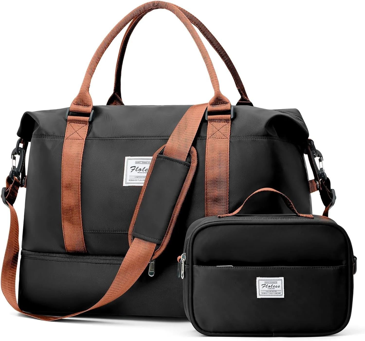 Weekender Bags for Women, Travel Duffel Bags with Shoe Compartment,Personal Item Travel Bag for Airlines, Carry on Overnight Tote Bag for women with Toiletry BagBlack&Brown