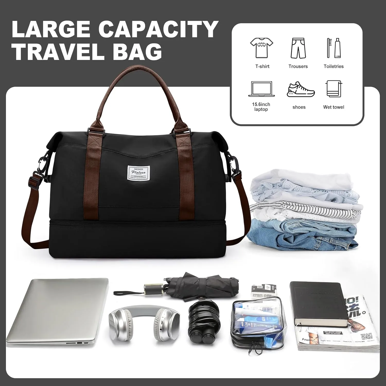 Weekender Bags for Women, Travel Duffel Bags with Shoe Compartment,Personal Item Travel Bag for Airlines, Carry on Overnight Tote Bag for women with Toiletry BagBlack&Brown