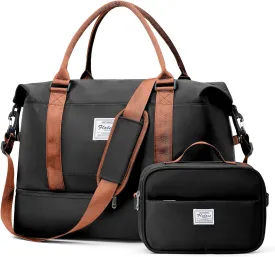 Weekender Bags for Women, Travel Duffel Bags with Shoe Compartment,Personal Item Travel Bag for Airlines, Carry on Overnight Tote Bag for women with Toiletry BagBlack&Brown